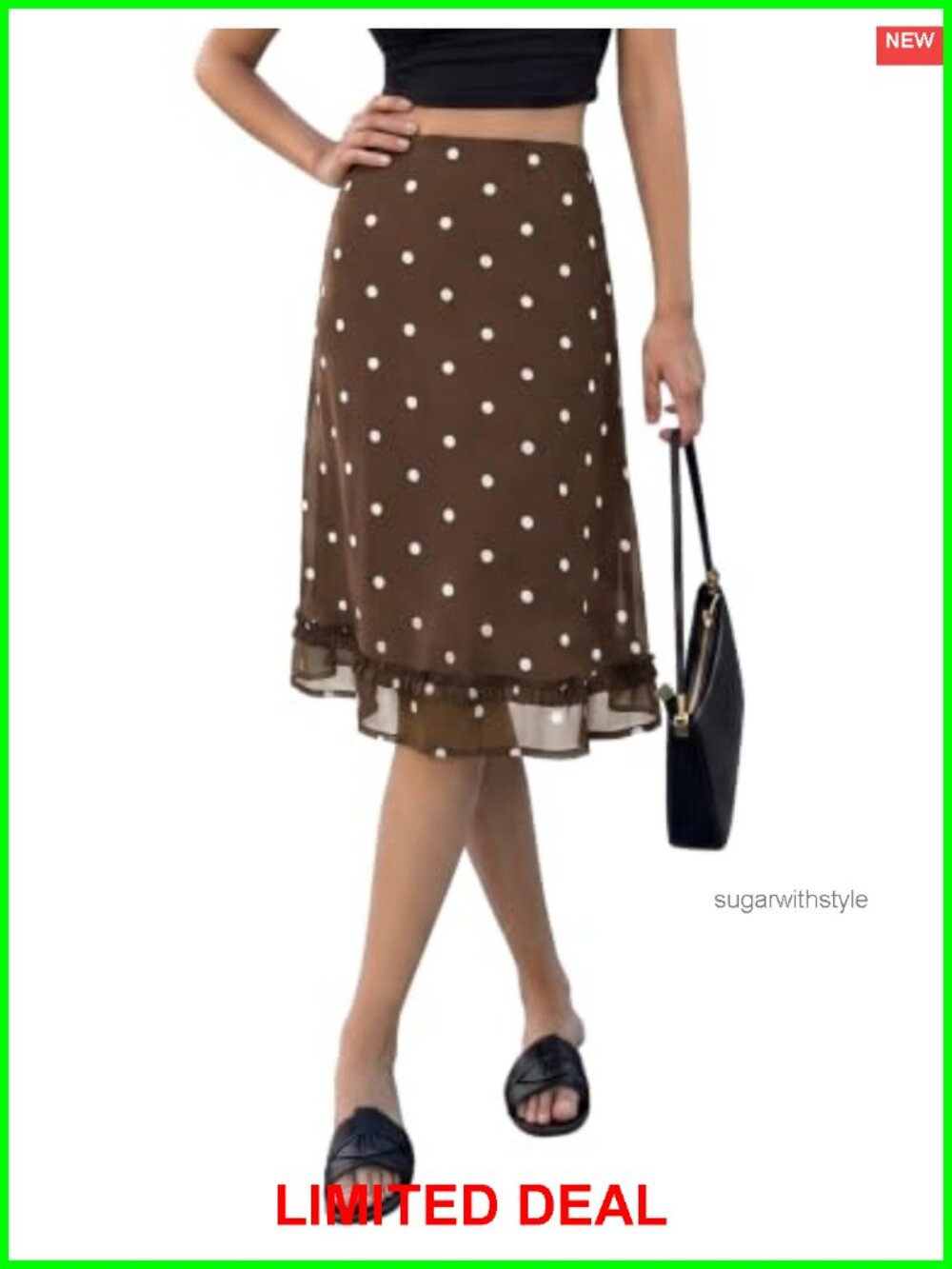 Womens Polka Dot Midi Skirt Low Rise A-Line Chiffon Ruffled Hem Flowy